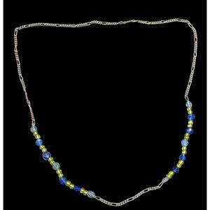 Handcrafted Blue & Green Glass Beaded Necklace On Silver Tone Figaro Chain